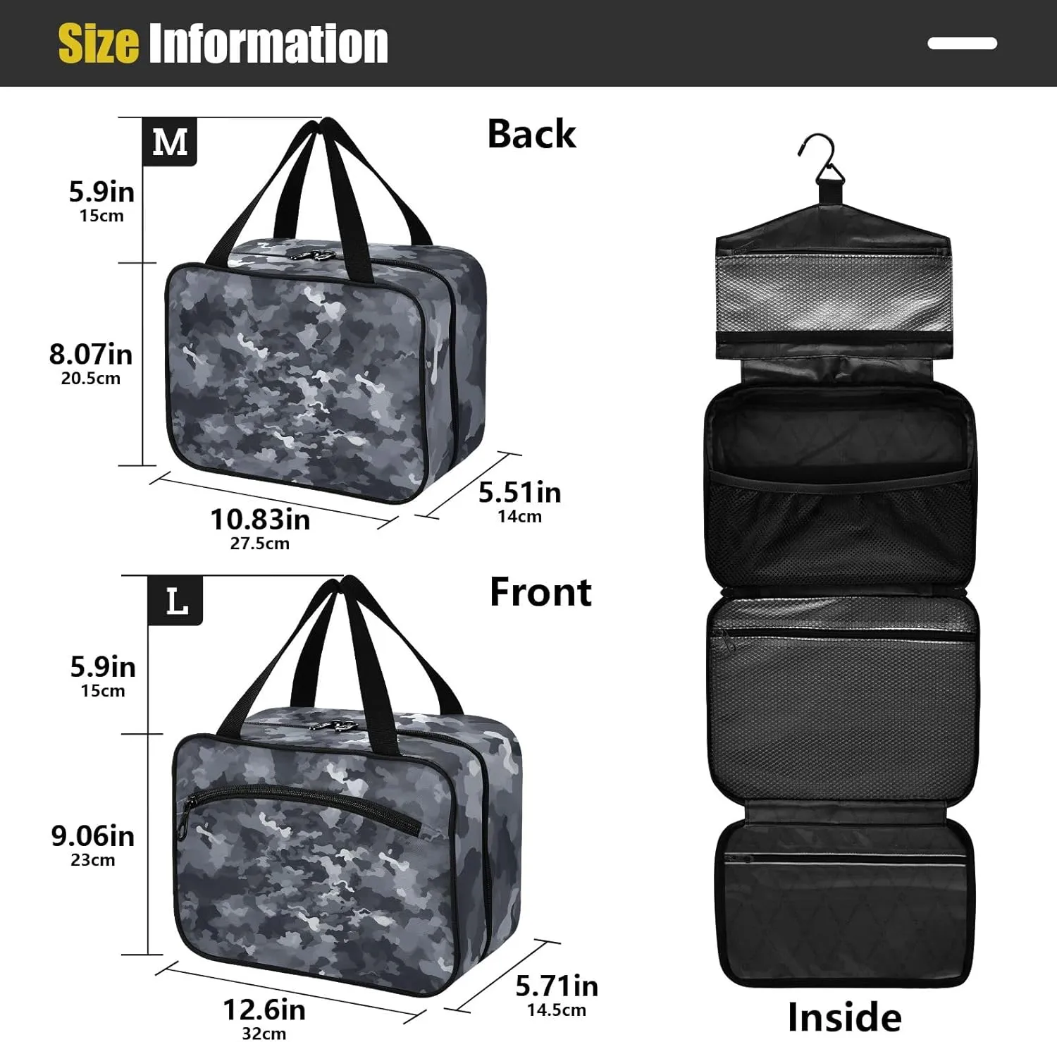 Toiletry Bag Grey Camoflage Pattern Hanging Makeup Organizer Water Resistant Cosmetic Bag
