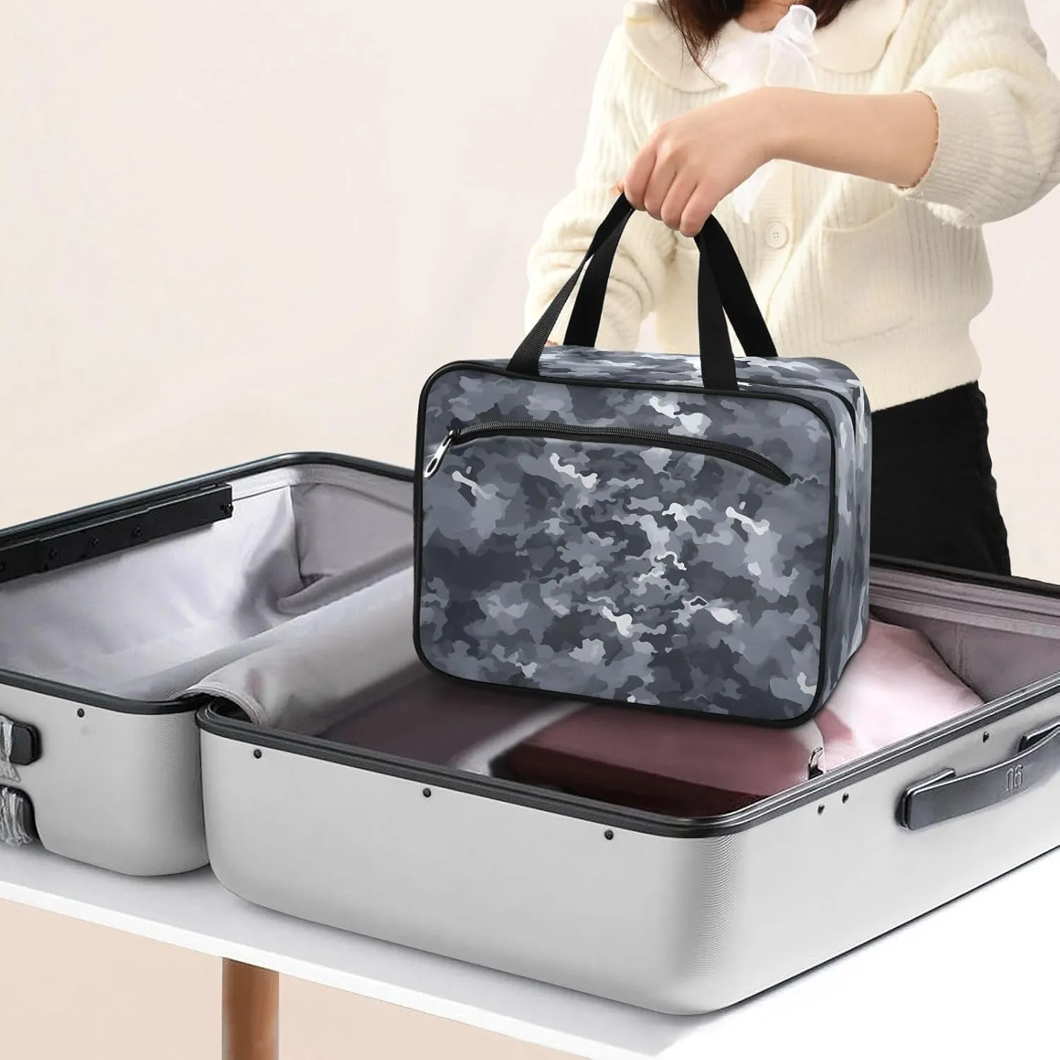 Toiletry Bag Grey Camoflage Pattern Hanging Makeup Organizer Water Resistant Cosmetic Bag