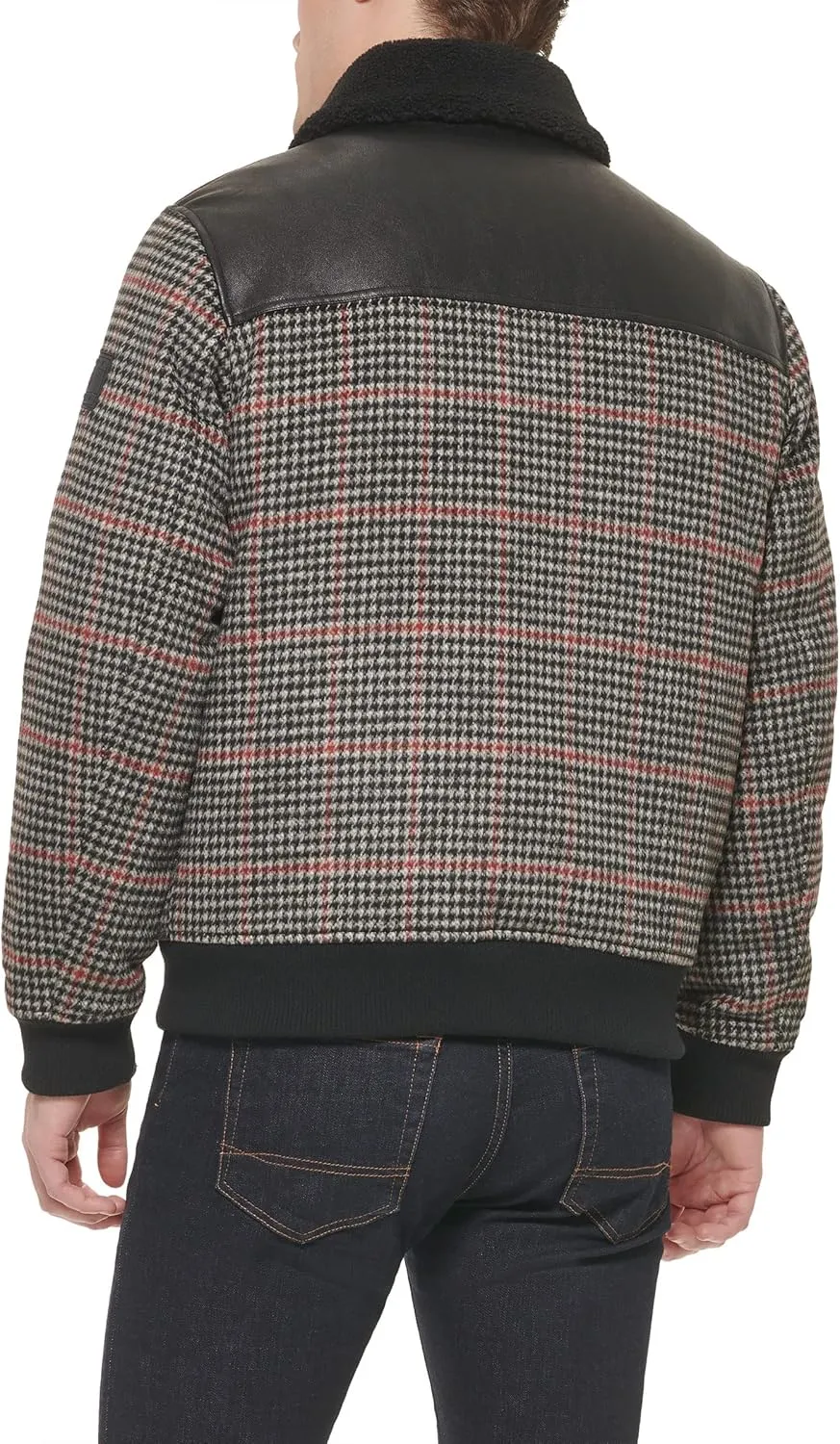 Tommy Hilfiger Men's Mixed Media Wool Blend Sherpa Collar Bomber, Plaid, Medium