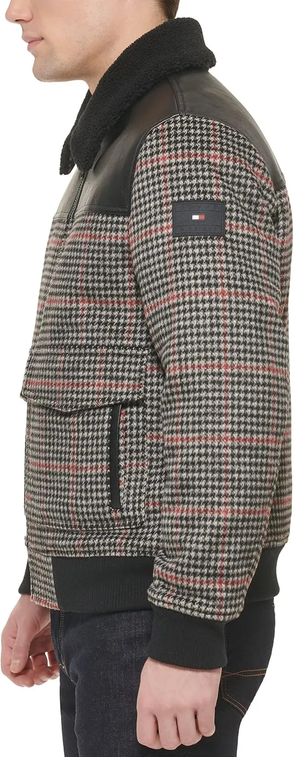 Tommy Hilfiger Men's Mixed Media Wool Blend Sherpa Collar Bomber, Plaid, Medium