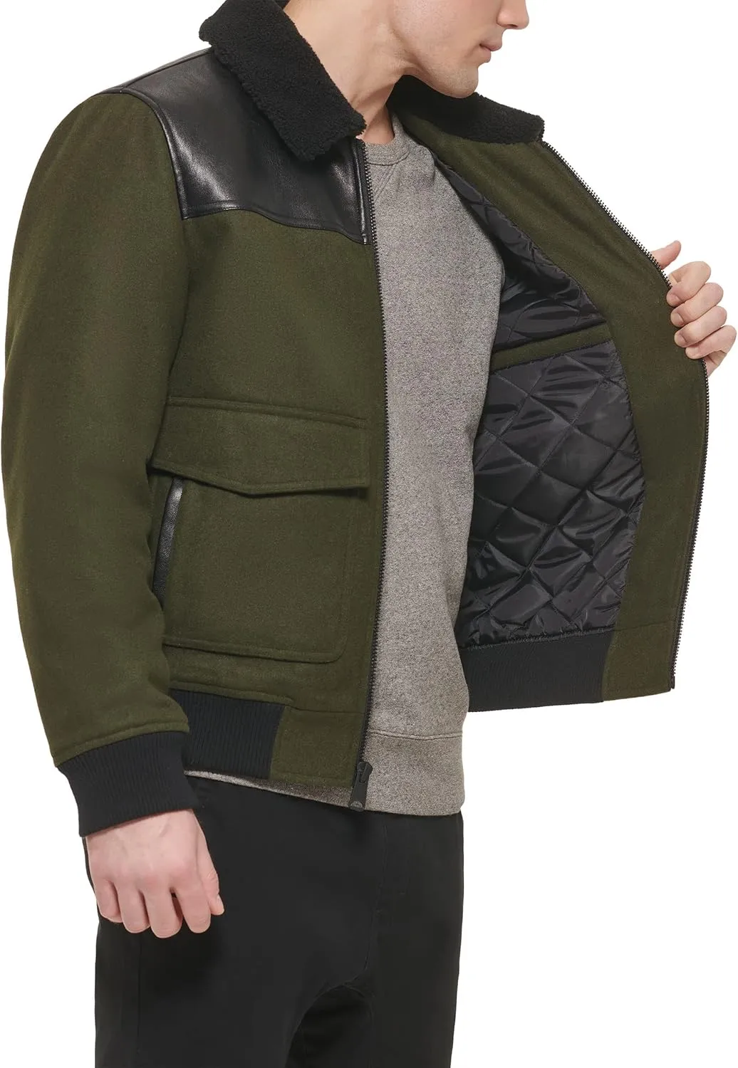 Tommy Hilfiger Men's Mixed Media Wool Blend Sherpa Collar Bomber, Plaid, Medium