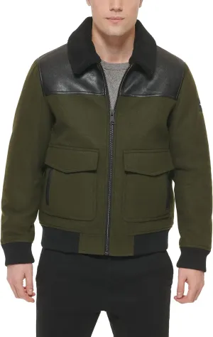 Tommy Hilfiger Men's Mixed Media Wool Blend Sherpa Collar Bomber, Plaid, Medium