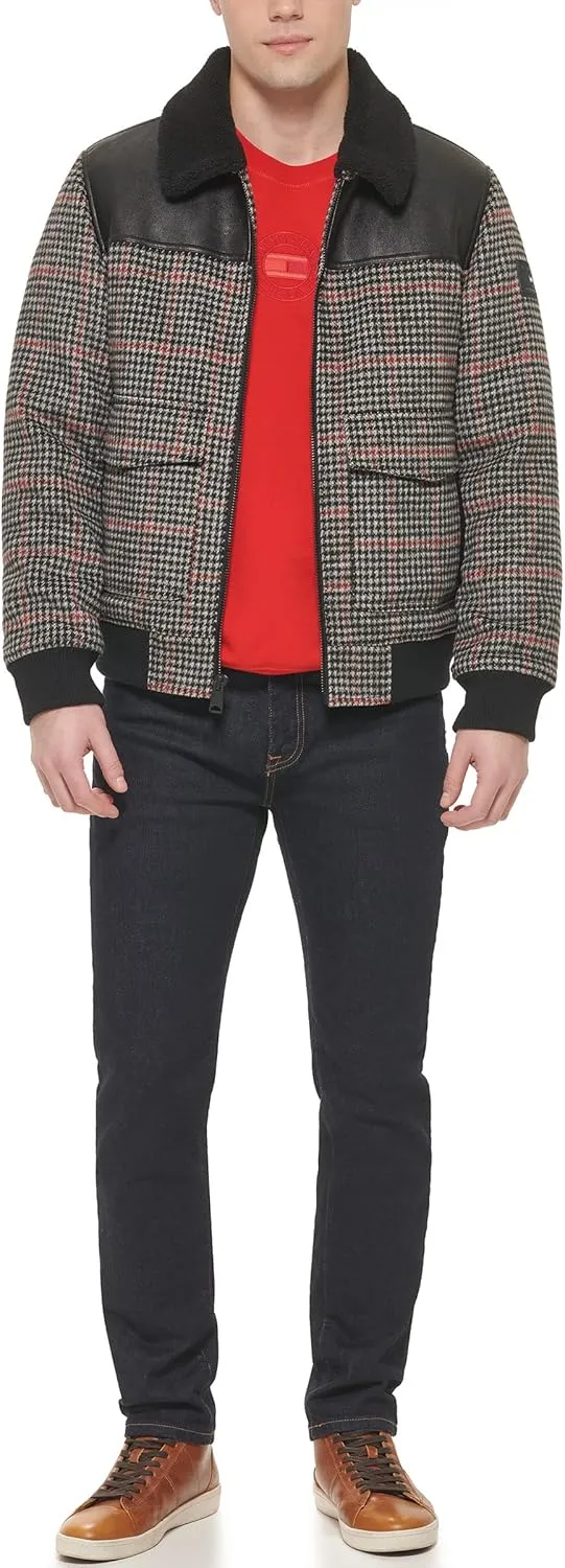 Tommy Hilfiger Men's Mixed Media Wool Blend Sherpa Collar Bomber, Plaid, Medium