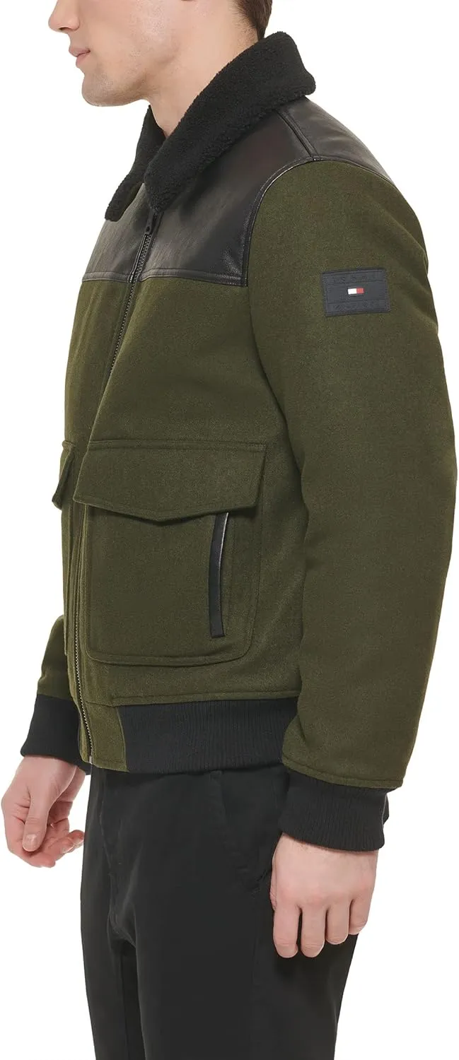 Tommy Hilfiger Men's Mixed Media Wool Blend Sherpa Collar Bomber, Plaid, Medium