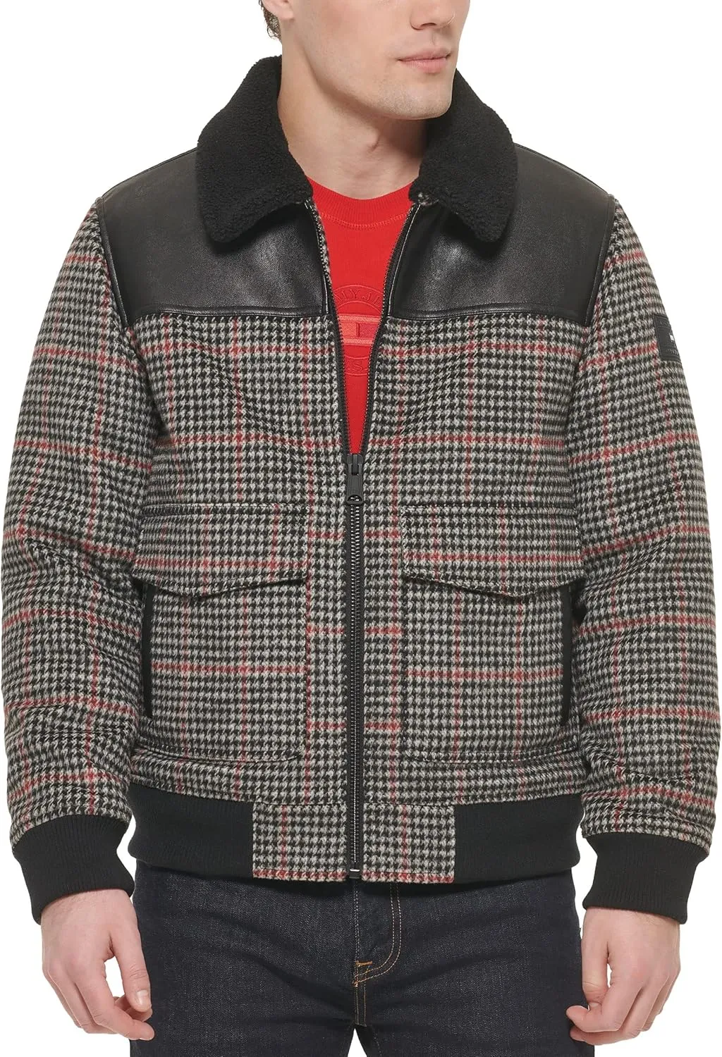 Tommy Hilfiger Men's Mixed Media Wool Blend Sherpa Collar Bomber, Plaid, Medium