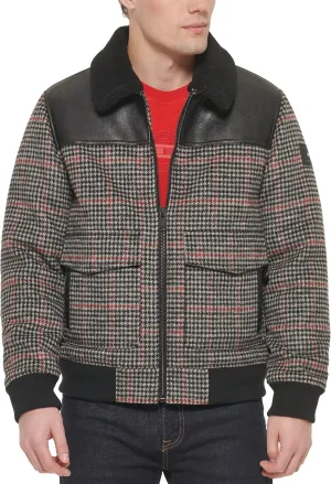 Tommy Hilfiger Men's Mixed Media Wool Blend Sherpa Collar Bomber, Plaid, Medium