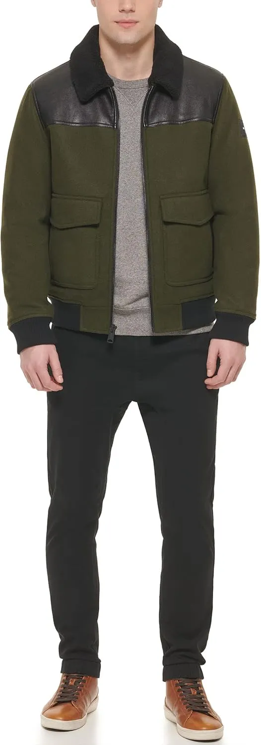 Tommy Hilfiger Men's Mixed Media Wool Blend Sherpa Collar Bomber, Plaid, Medium