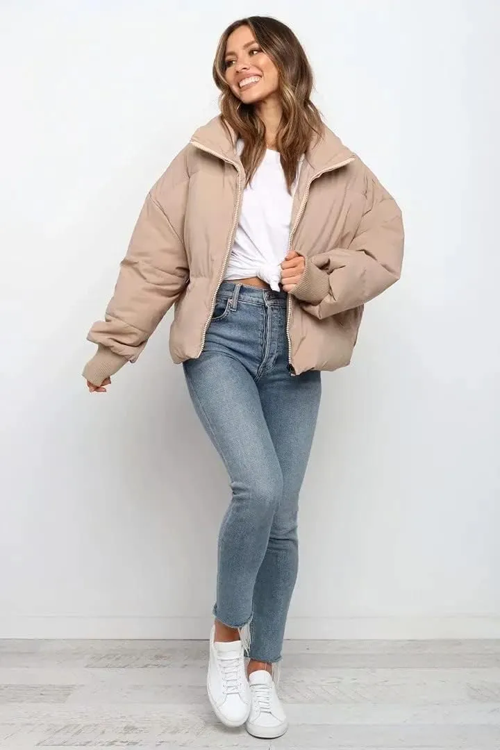 Tooe Women's Winter Down Jacket Long Sleeve Lightweight Zipper Pockets Baggy Puffer Short Coats