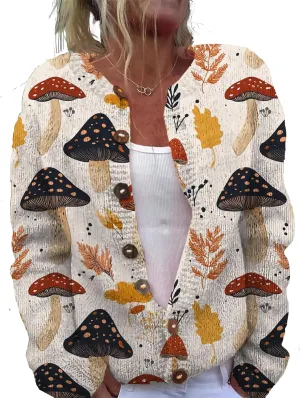 Trendy Sweater Cardigan for Women Mushroom Print Button Up Oversized Long Sleeve Floral Sweaters Plus Size Tops