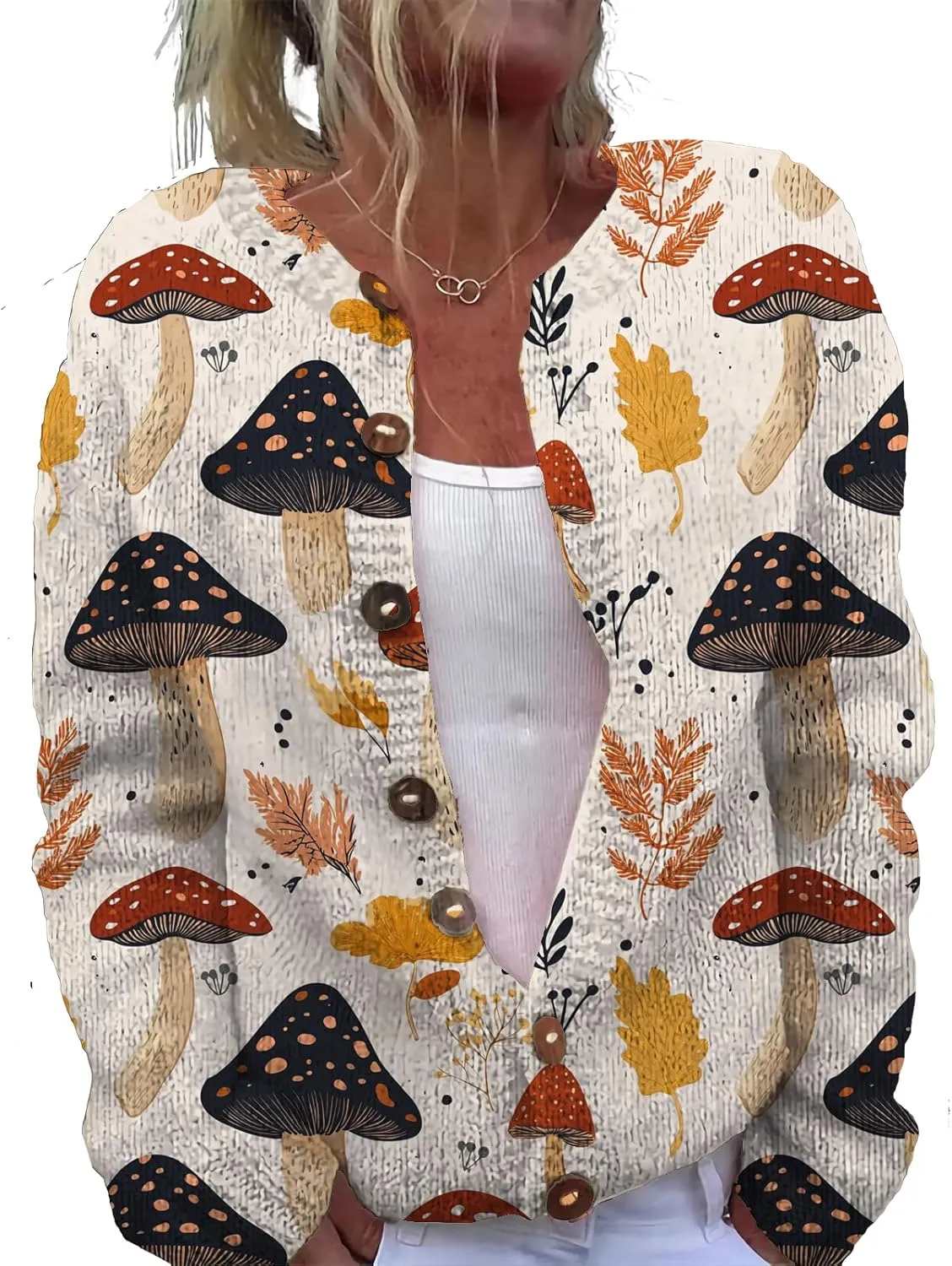 Trendy Sweater Cardigan for Women Mushroom Print Button Up Oversized Long Sleeve Floral Sweaters Plus Size Tops