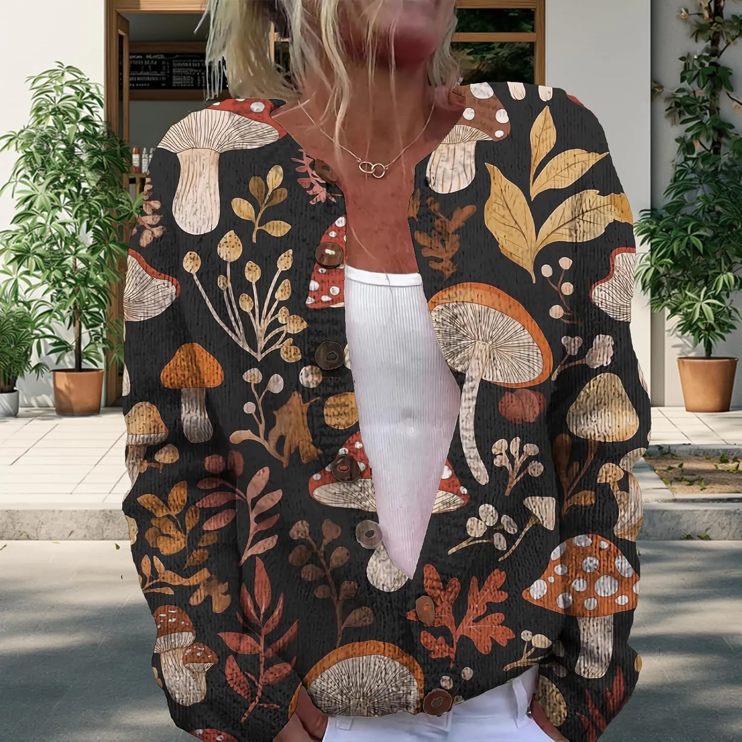 Trendy Sweater Cardigan for Women Mushroom Print Button Up Oversized Long Sleeve Floral Sweaters Plus Size Tops