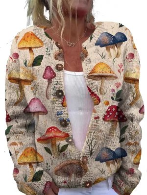 Trendy Sweater Cardigan for Women Mushroom Print Button Up Oversized Long Sleeve Floral Sweaters Plus Size Tops