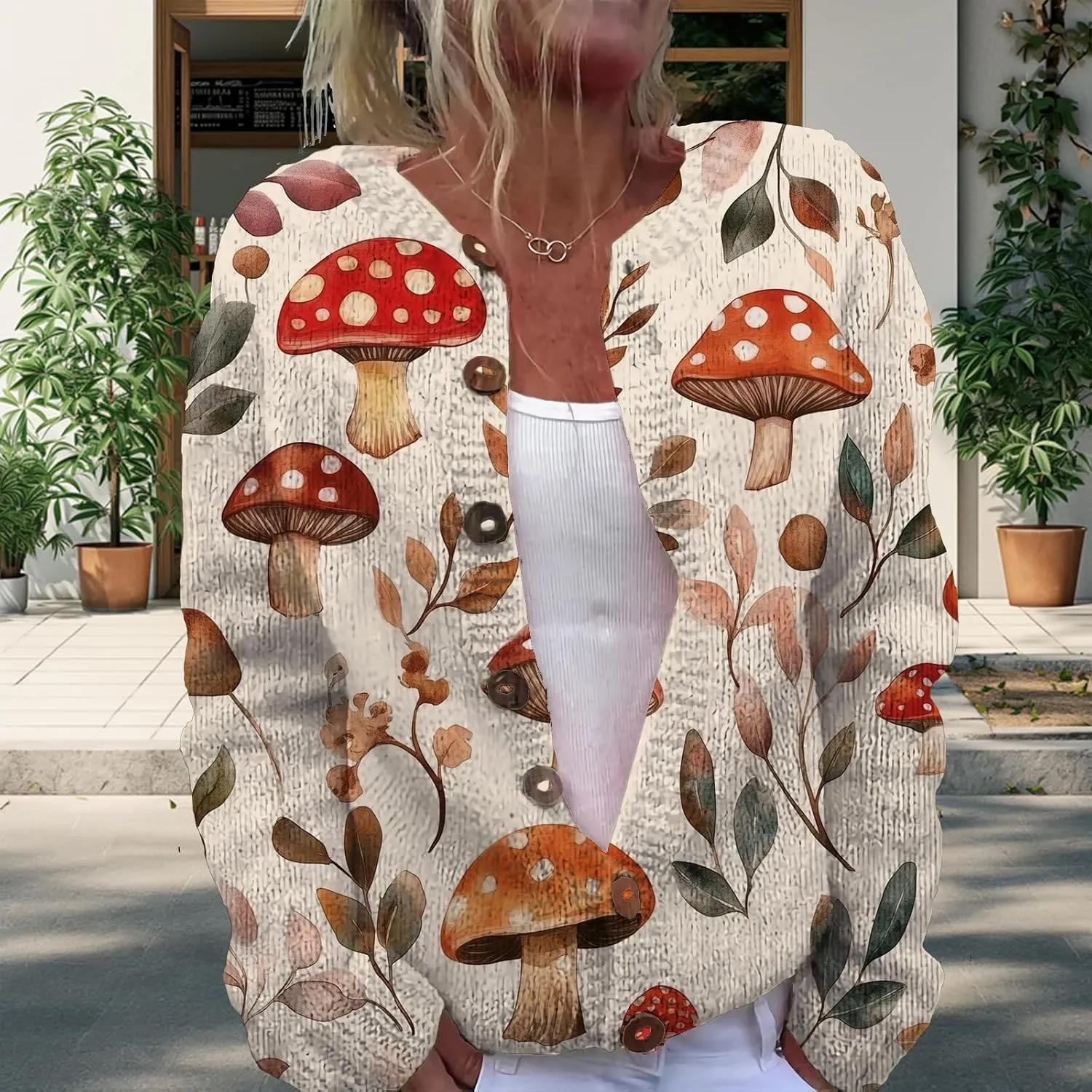 Trendy Sweater Cardigan for Women Mushroom Print Button Up Oversized Long Sleeve Floral Sweaters Plus Size Tops