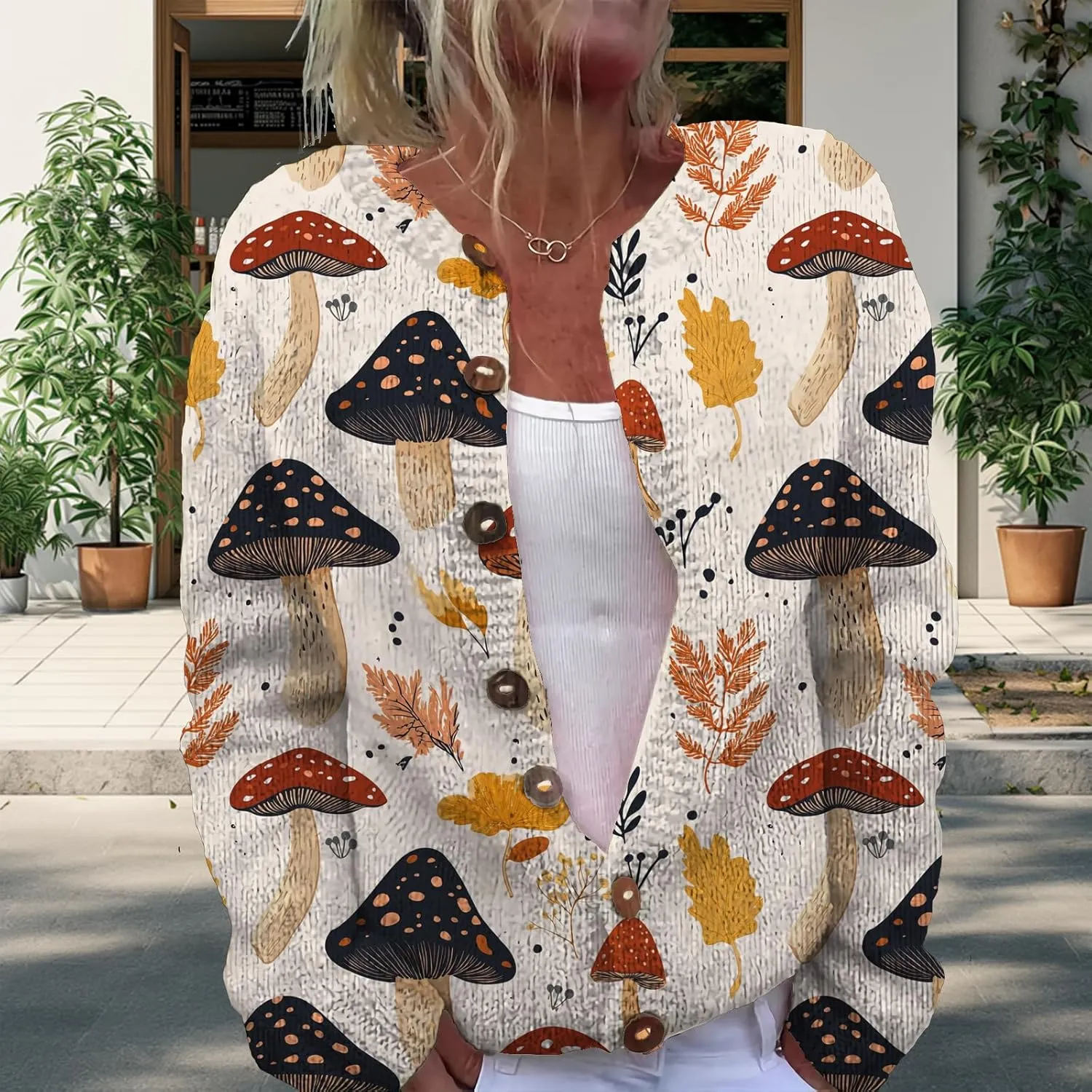 Trendy Sweater Cardigan for Women Mushroom Print Button Up Oversized Long Sleeve Floral Sweaters Plus Size Tops