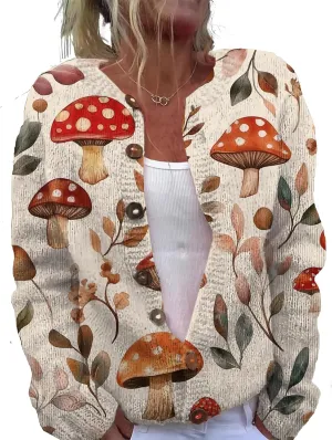 Trendy Sweater Cardigan for Women Mushroom Print Button Up Oversized Long Sleeve Floral Sweaters Plus Size Tops