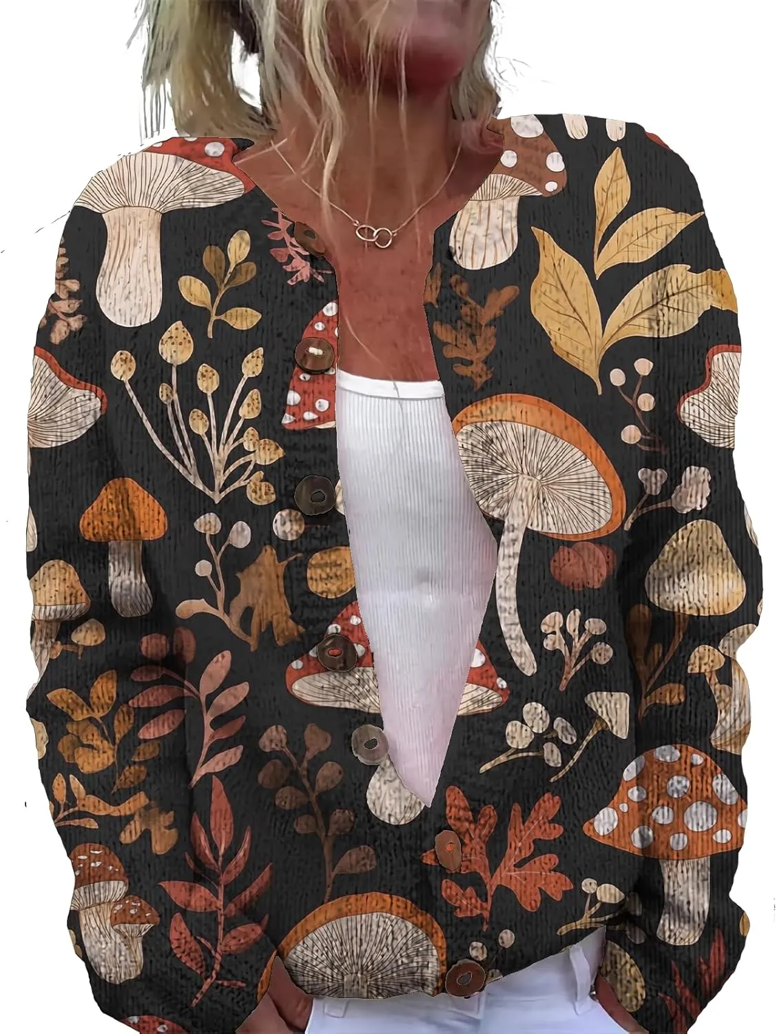 Trendy Sweater Cardigan for Women Mushroom Print Button Up Oversized Long Sleeve Floral Sweaters Plus Size Tops
