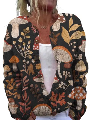 Trendy Sweater Cardigan for Women Mushroom Print Button Up Oversized Long Sleeve Floral Sweaters Plus Size Tops
