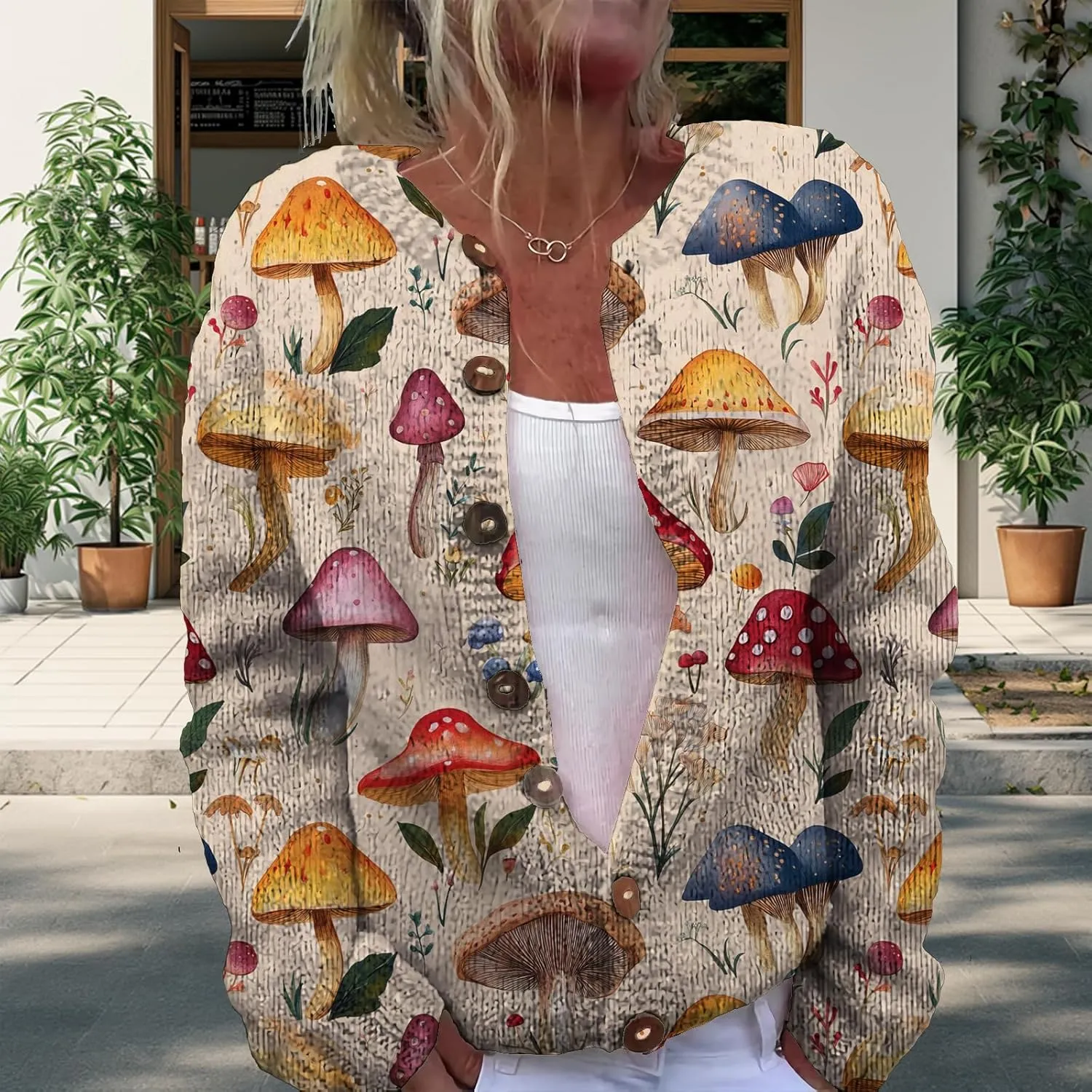Trendy Sweater Cardigan for Women Mushroom Print Button Up Oversized Long Sleeve Floral Sweaters Plus Size Tops