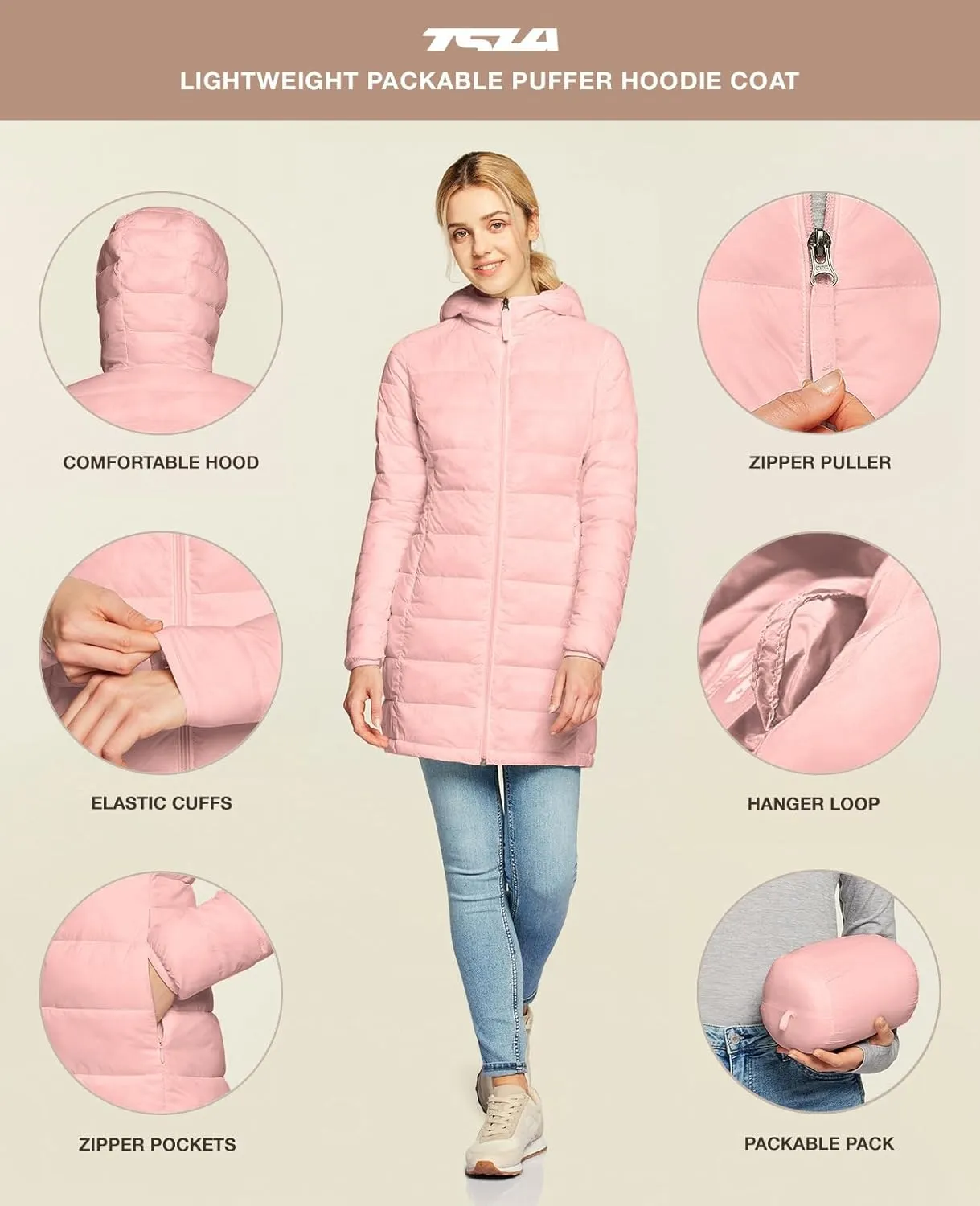 TSLA Women's Lightweight Packable Accent Puffer Jacket, Water-Resistant Winter Coat