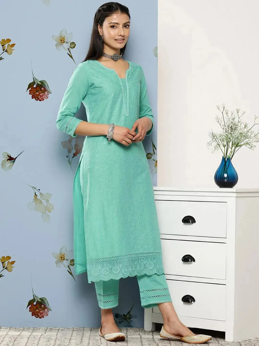 Turquoise Blue Embroidered Cotton Straight Kurta With Trousers & Dupatta