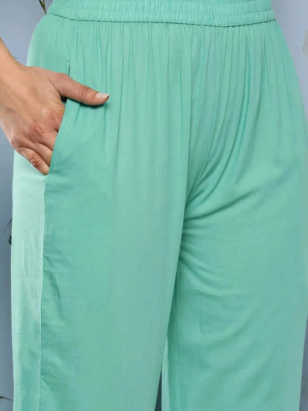 Turquoise Blue Embroidered Cotton Straight Kurta With Trousers & Dupatta