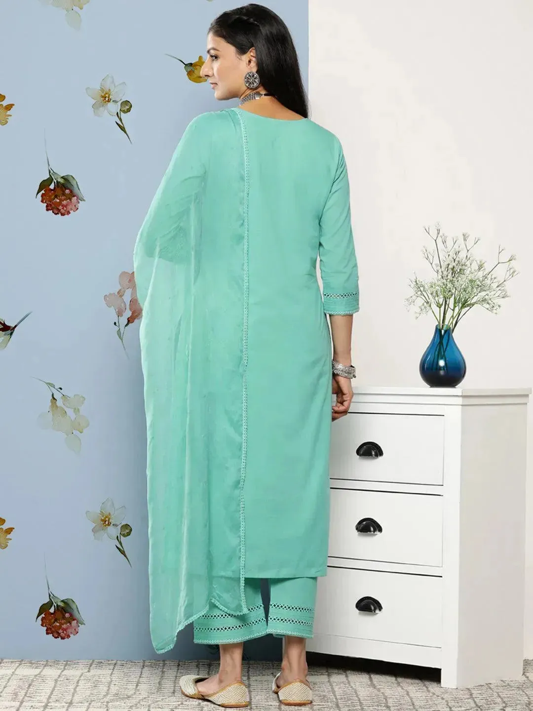 Turquoise Blue Embroidered Cotton Straight Kurta With Trousers & Dupatta
