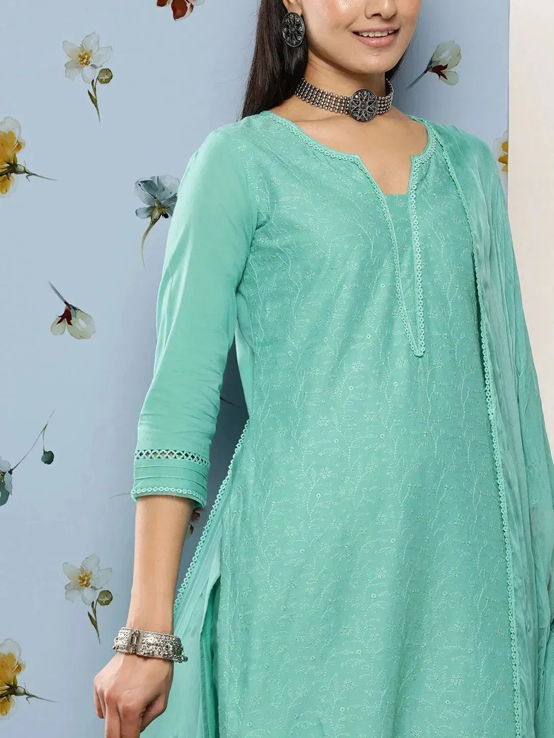 Turquoise Blue Embroidered Cotton Straight Kurta With Trousers & Dupatta