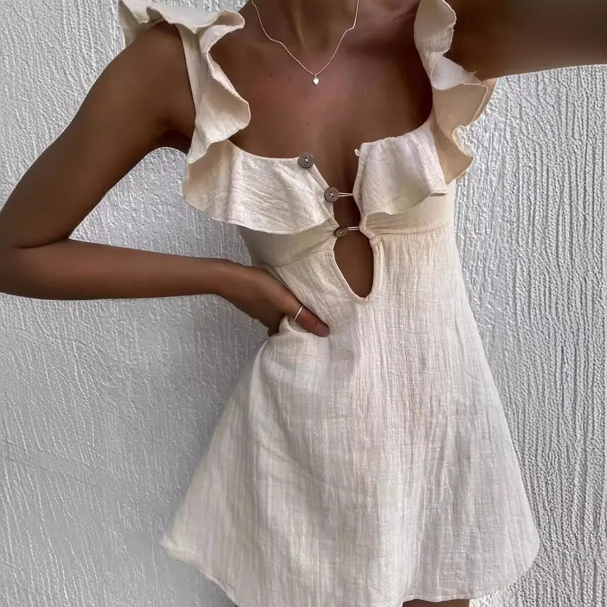 U-Neck Lotus Leaf Lace Short Mini Dress