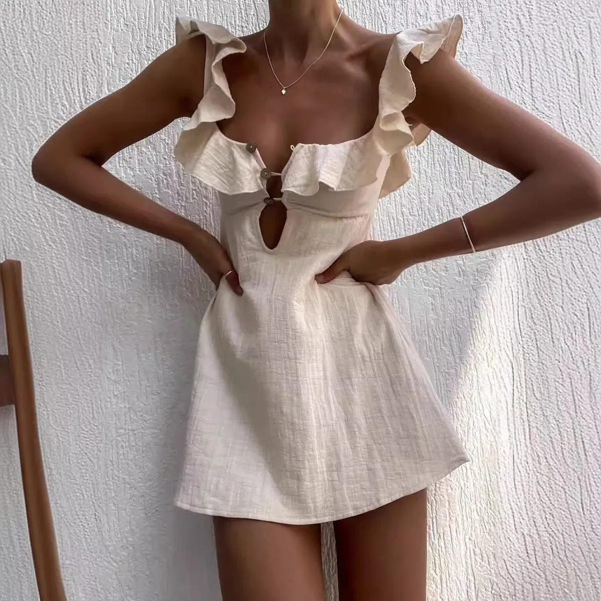 U-Neck Lotus Leaf Lace Short Mini Dress