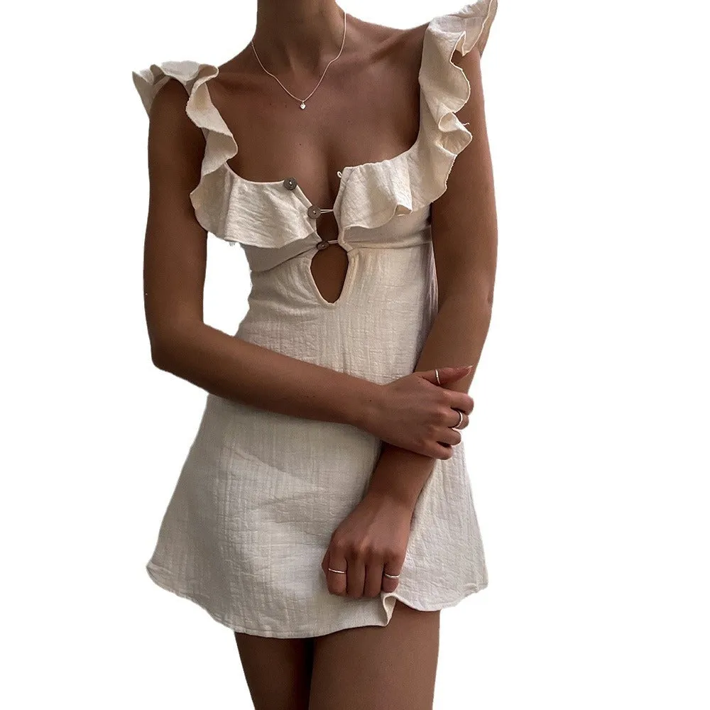 U-Neck Lotus Leaf Lace Short Mini Dress