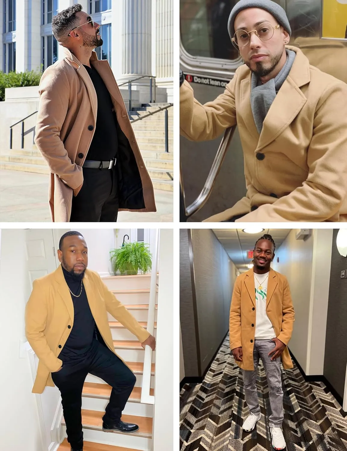 UANEO Mens Wool Blend Trench Coat Notch Lapel Camel Peacoats Winter Overcoat
