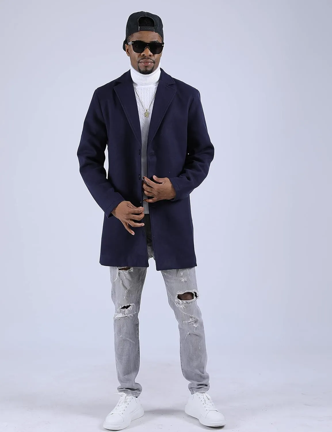 UANEO Mens Wool Blend Trench Coat Notch Lapel Camel Peacoats Winter Overcoat