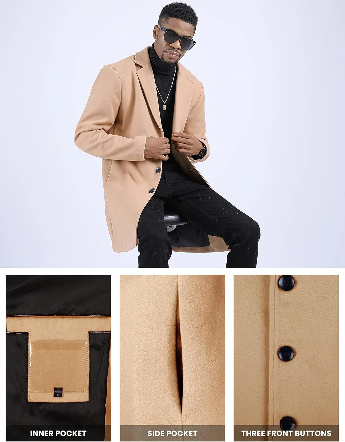 UANEO Mens Wool Blend Trench Coat Notch Lapel Camel Peacoats Winter Overcoat