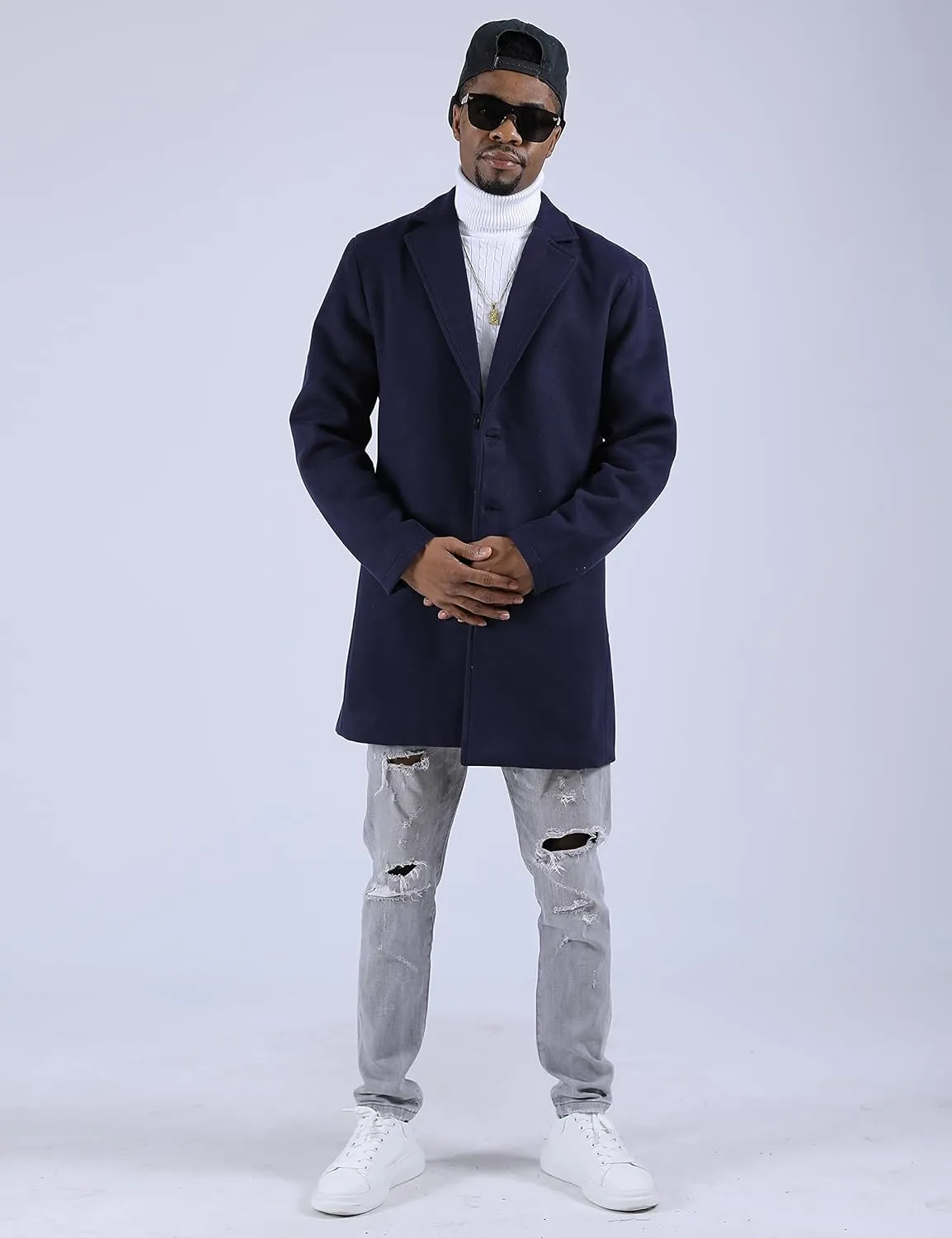 UANEO Mens Wool Blend Trench Coat Notch Lapel Camel Peacoats Winter Overcoat