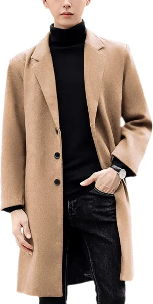UANEO Mens Wool Blend Trench Coat Notch Lapel Camel Peacoats Winter Overcoat