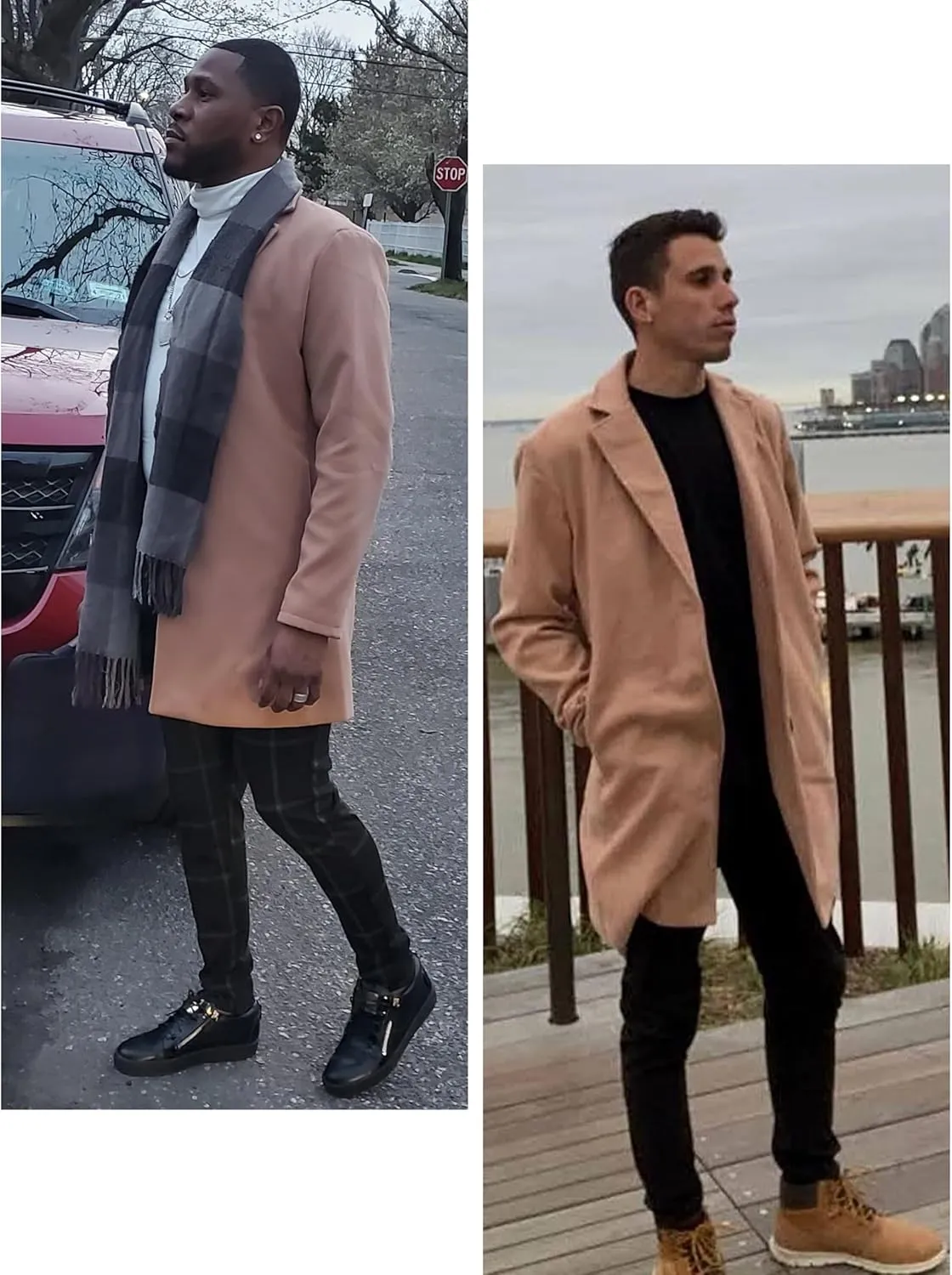 UANEO Mens Wool Blend Trench Coat Notch Lapel Camel Peacoats Winter Overcoat