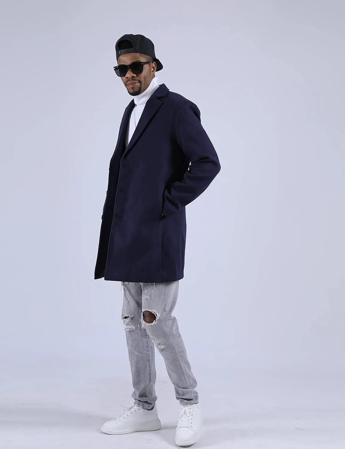 UANEO Mens Wool Blend Trench Coat Notch Lapel Camel Peacoats Winter Overcoat