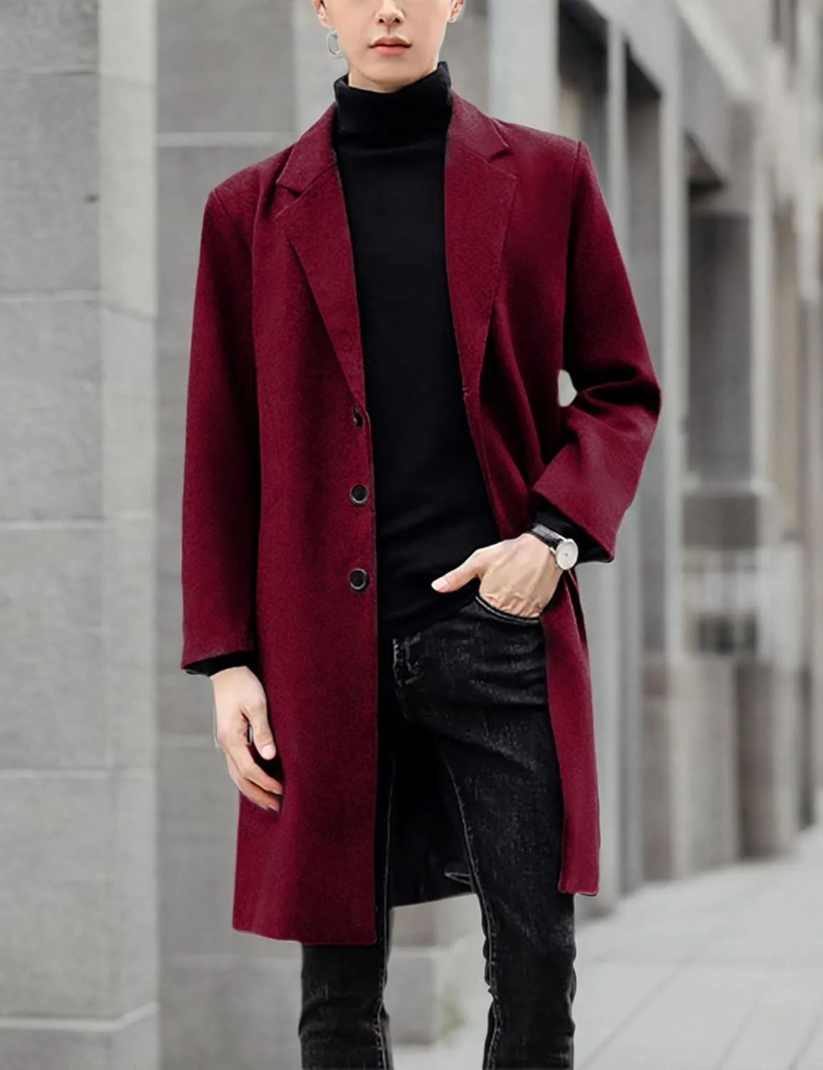 UANEO Mens Wool Blend Trench Coat Notch Lapel Camel Peacoats Winter Overcoat