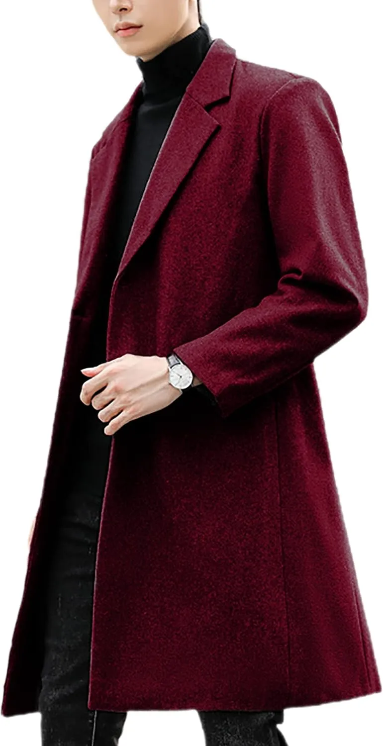 UANEO Mens Wool Blend Trench Coat Notch Lapel Camel Peacoats Winter Overcoat