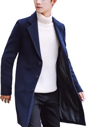 UANEO Mens Wool Blend Trench Coat Notch Lapel Camel Peacoats Winter Overcoat