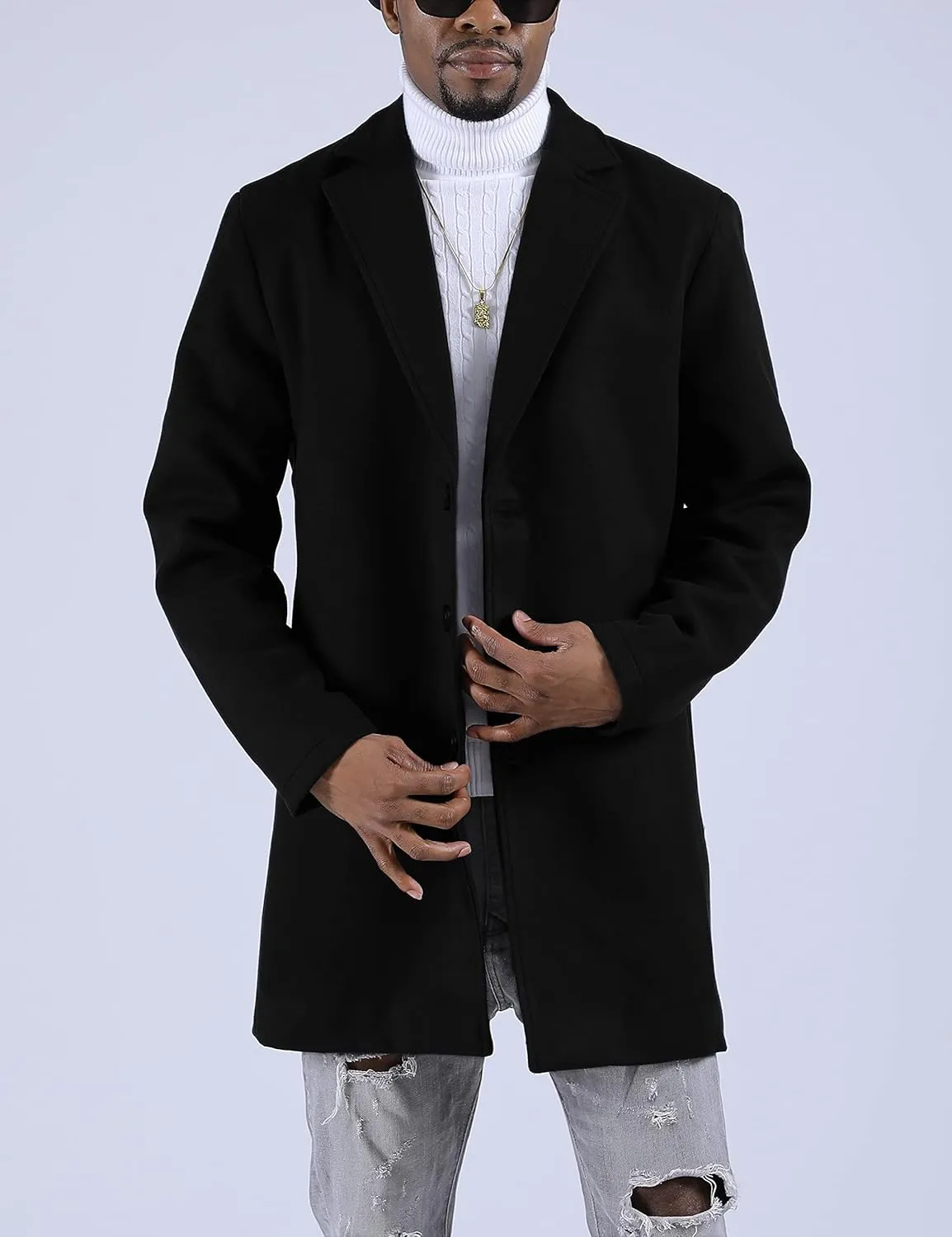 UANEO Mens Wool Blend Trench Coat Notch Lapel Camel Peacoats Winter Overcoat