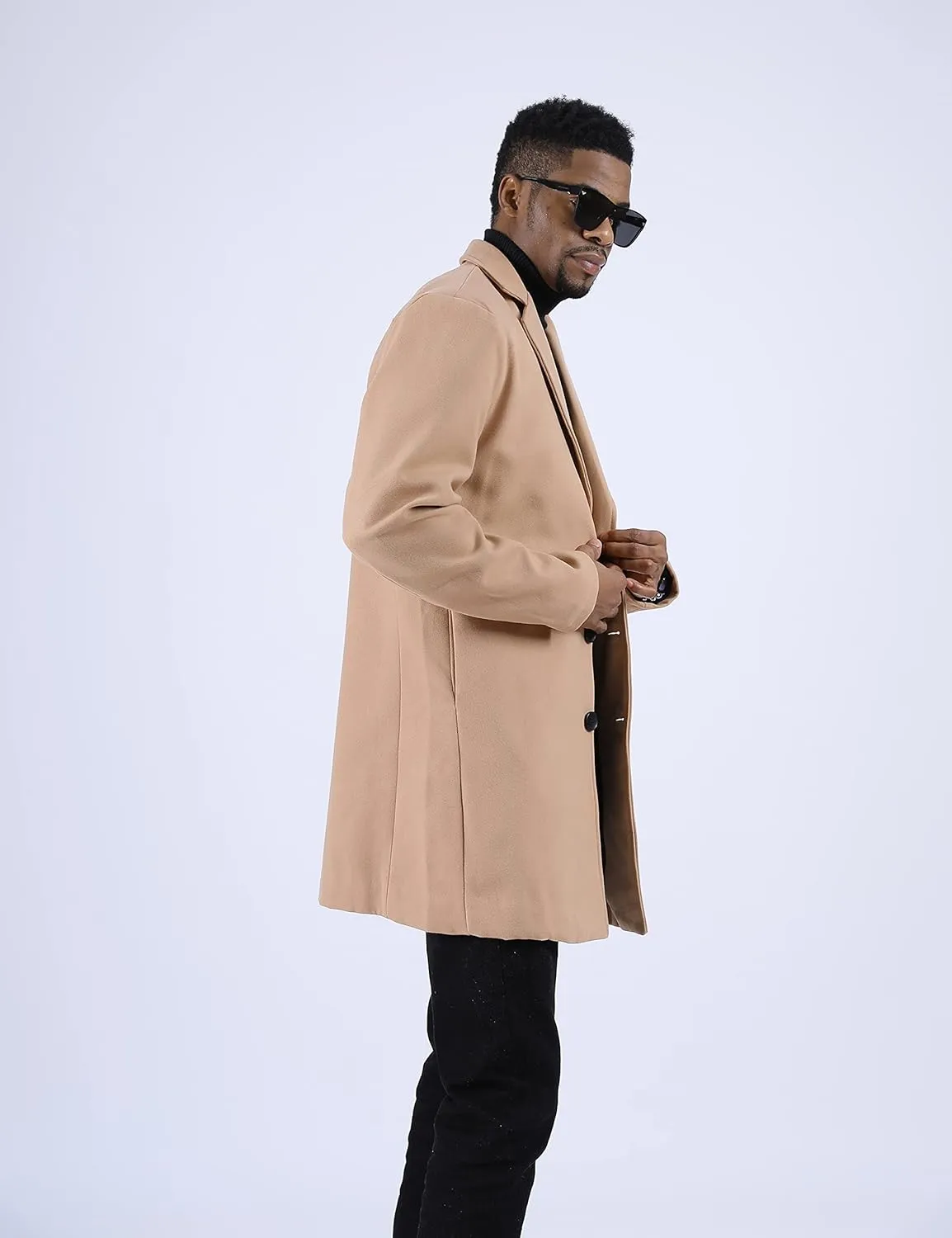 UANEO Mens Wool Blend Trench Coat Notch Lapel Camel Peacoats Winter Overcoat