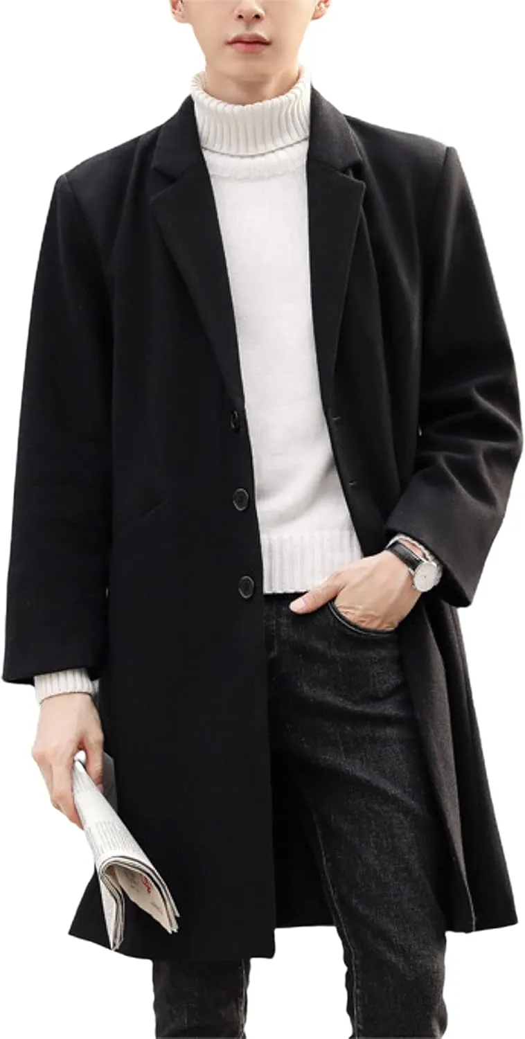 UANEO Mens Wool Blend Trench Coat Notch Lapel Camel Peacoats Winter Overcoat
