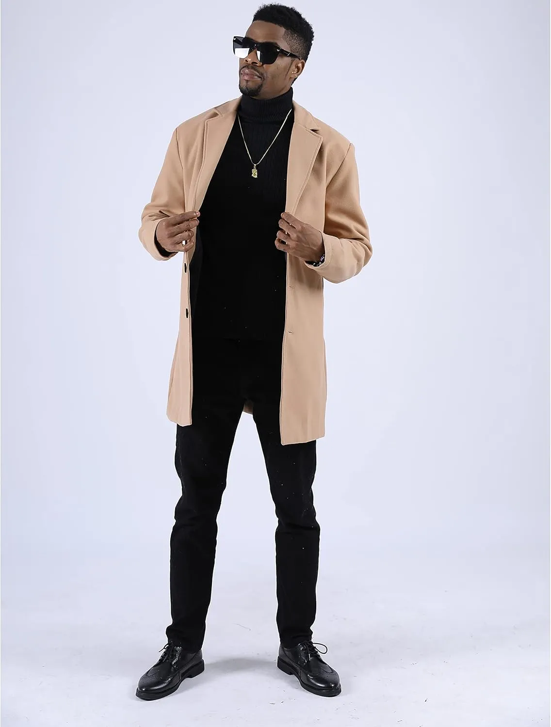 UANEO Mens Wool Blend Trench Coat Notch Lapel Camel Peacoats Winter Overcoat