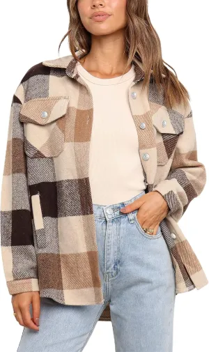 UANEO Womens Plaid Shacket Button Down Wool Blend Fall Flannel Shirt Jacket