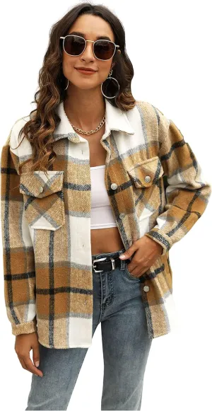 UANEO Womens Plaid Shacket Button Down Wool Blend Fall Flannel Shirt Jacket