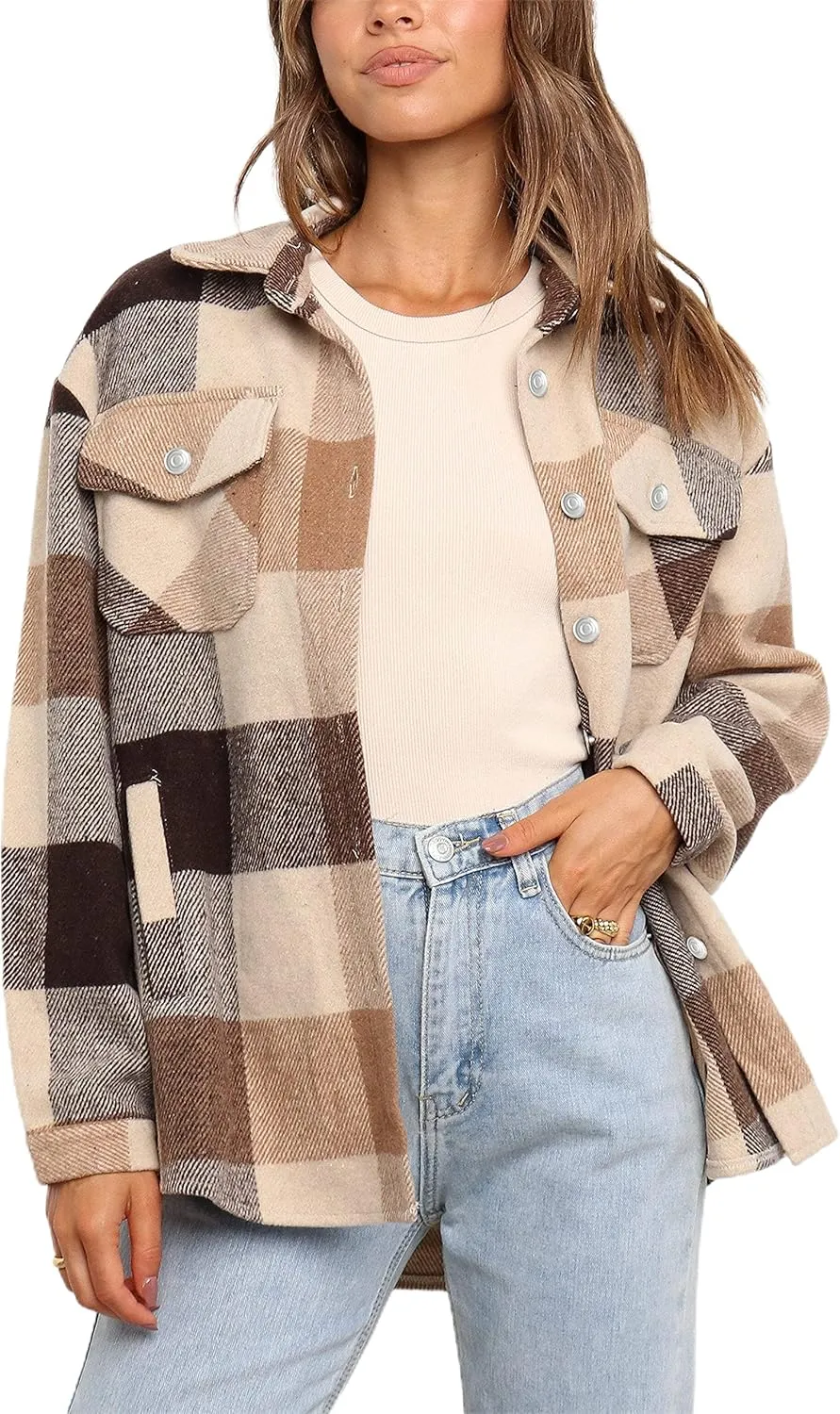 UANEO Womens Plaid Shacket Button Down Wool Blend Fall Flannel Shirt Jacket
