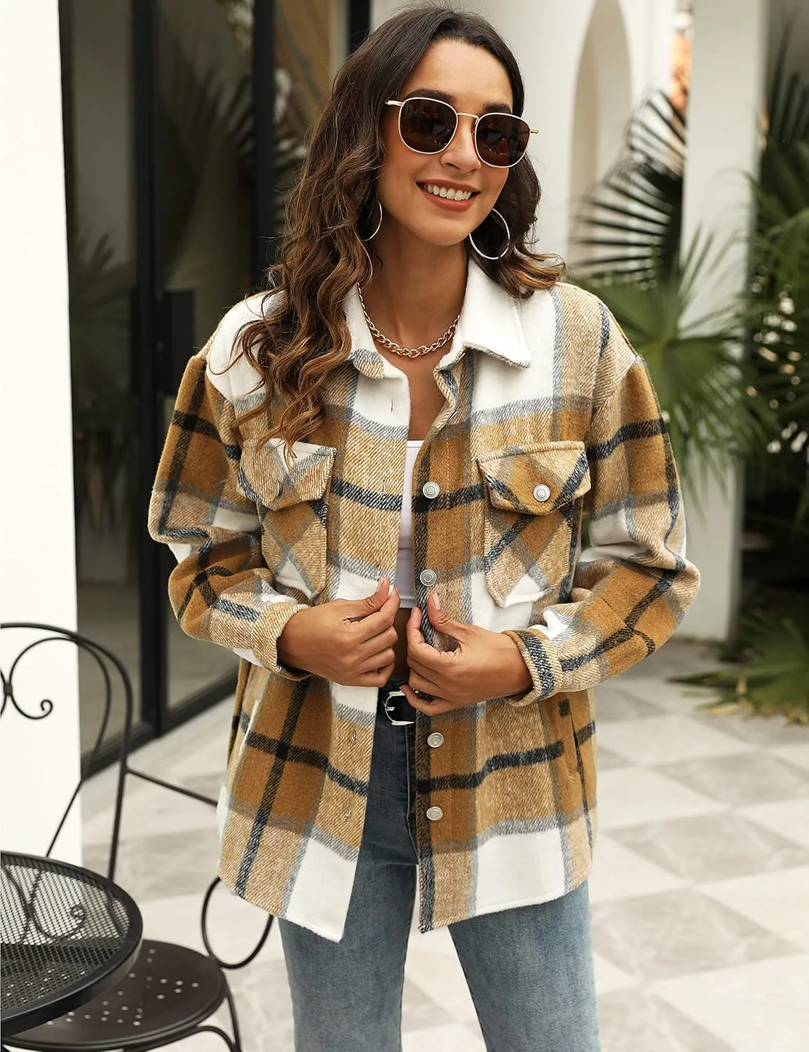 UANEO Womens Plaid Shacket Button Down Wool Blend Fall Flannel Shirt Jacket