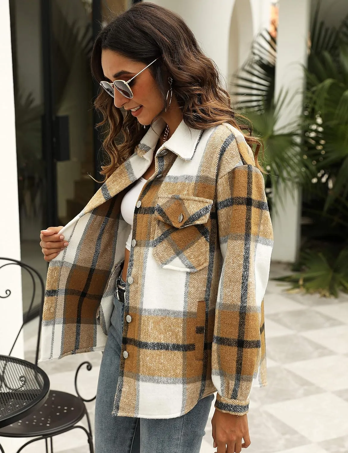 UANEO Womens Plaid Shacket Button Down Wool Blend Fall Flannel Shirt Jacket
