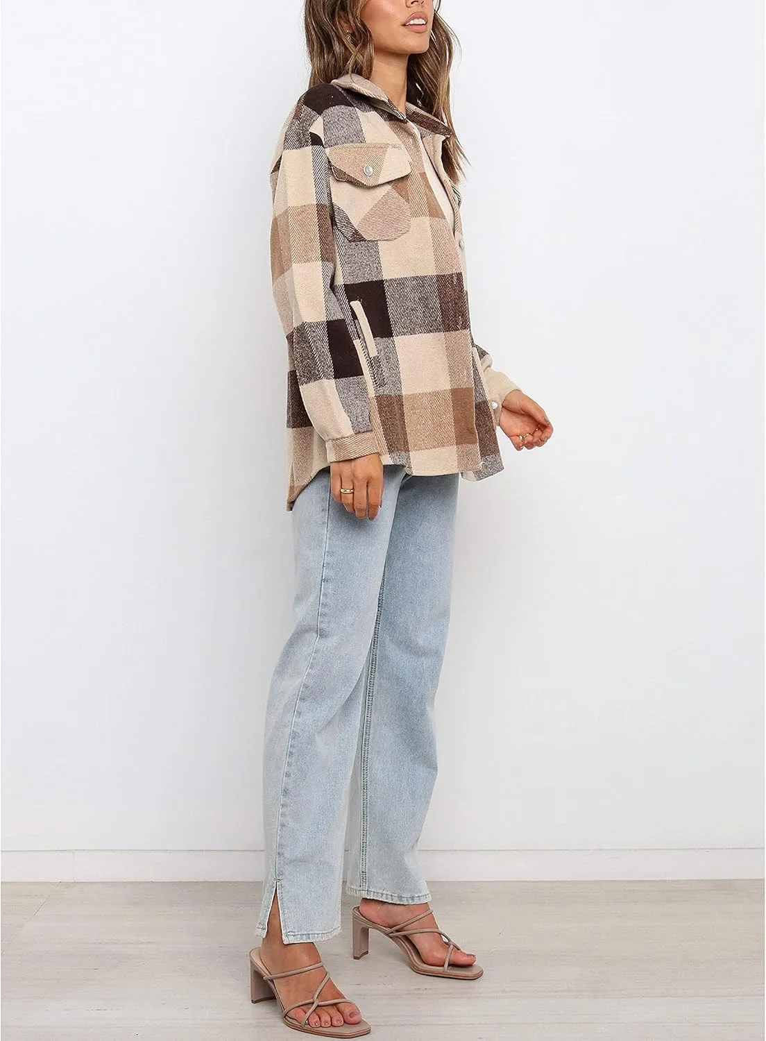 UANEO Womens Plaid Shacket Button Down Wool Blend Fall Flannel Shirt Jacket